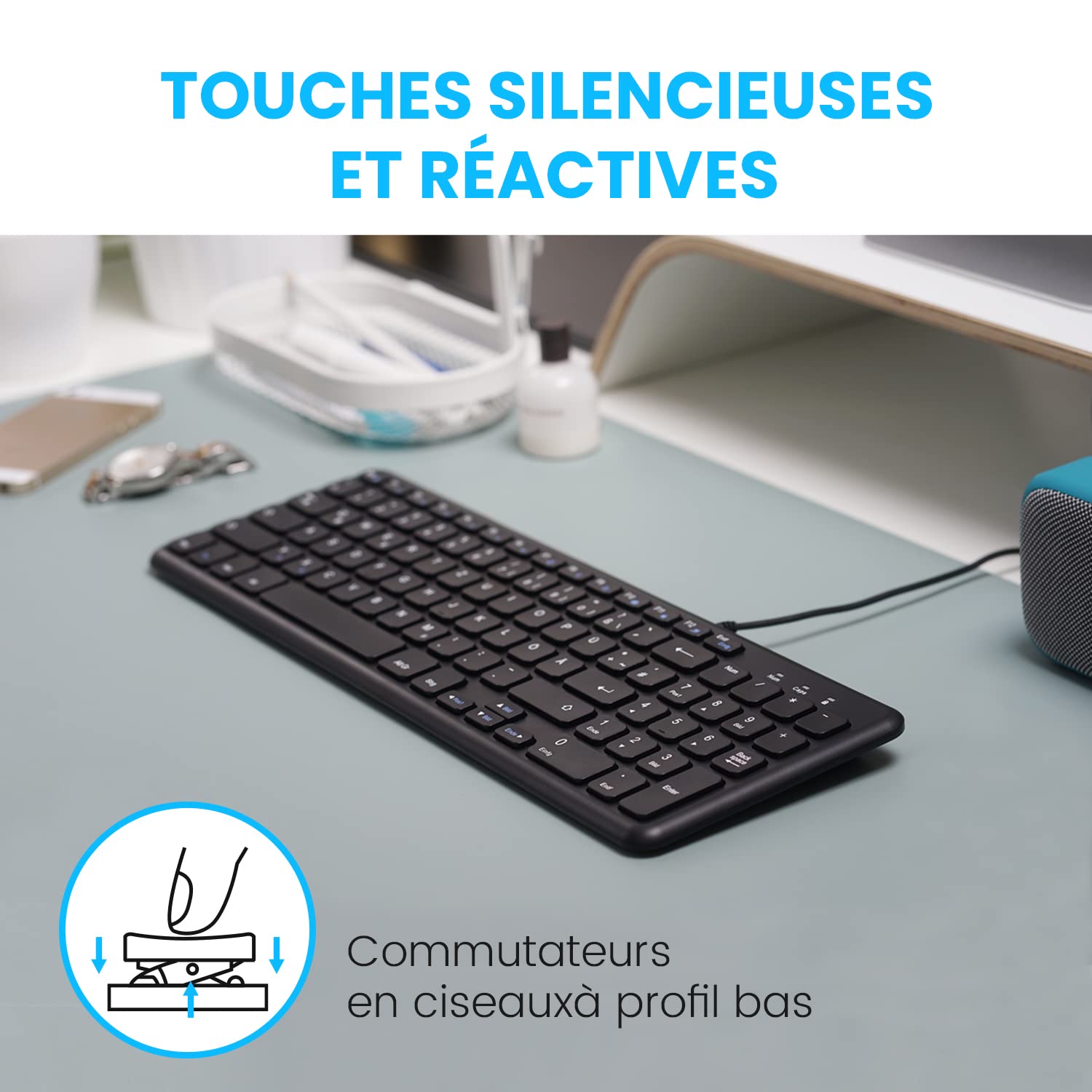 Perixx PERIBOARD-213U, Clavier Compacte Silencieux Filiare – Clavier Chiclet avec Touches Ciseaux Silencieuses et Touches Multimédia pour Windows - AZERTY Français - Noir