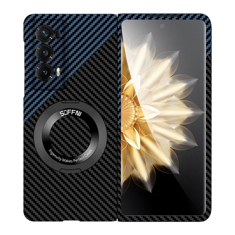 Gruattreay Compatible with Honor Magic V2 Case, Slim Hard PC Case [Compatible with Mag-Safe]Carbon Fiber Magnetic Cover with Stand for Honor Magic V2 (Black Blue)