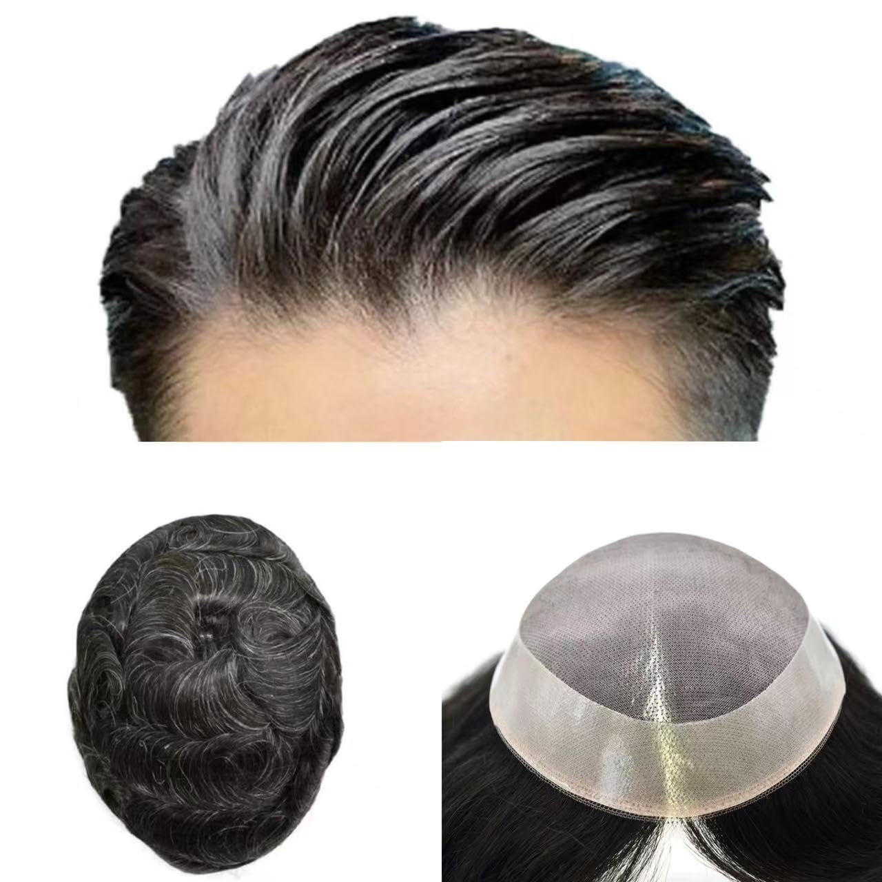 F M Durable Human Hair System for Men Fine Mono with Poly Coating around Toupee for Men NPU Mens Hair Replacement System Hairpiece 6"x9" 1B20# 1B#Off Black+20% gray-120% density