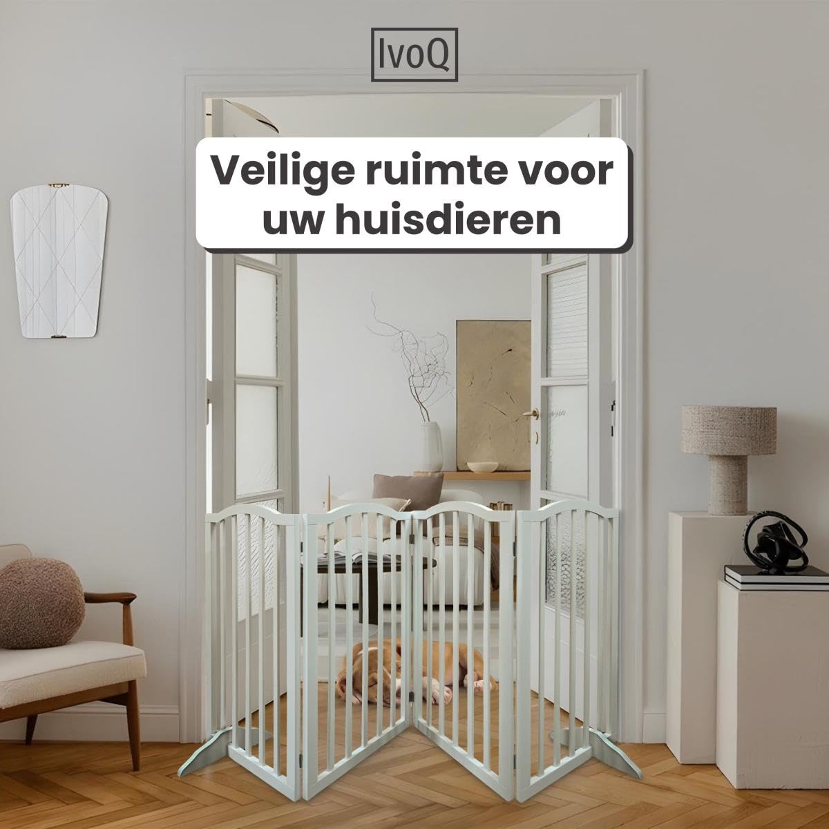 Recinzione di sicurezza pieghevole in legno per animali domestici, griglia autoportante senza fori, 4 pannelli (46-185,5 cm) - MDF bianco, barriera per cani e gatti per porta, corridoio o cucina