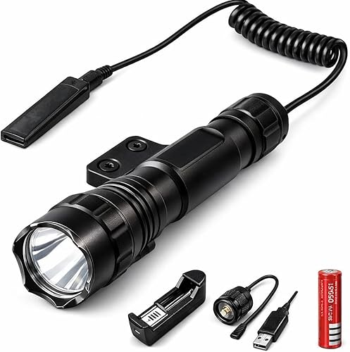 Gotical Linterna de montaje en riel de 500 lúmenes con interruptor de presión remoto, haz blanco de 1 modo, montaje integral y cargador incluidos