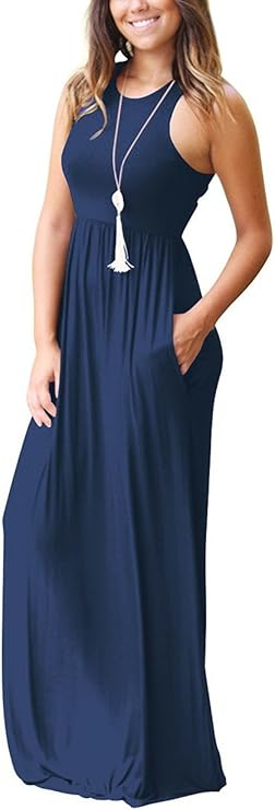 Women's Sleeveless Racerback Maxi Dress Floral Print Casual Long Dresses with Pockets