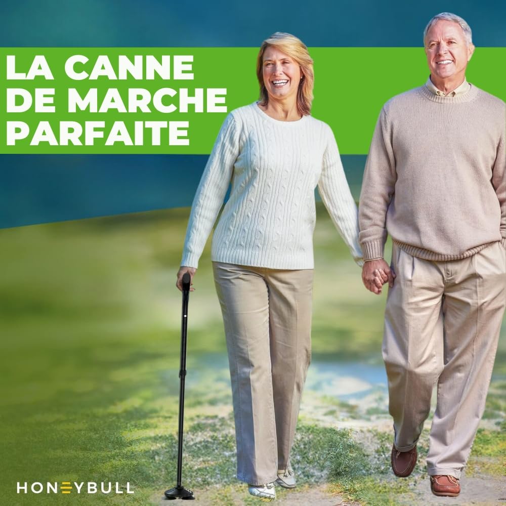HONEYBULL Canne de Marche Tripode Pliable pour Homme et Femme, Réglable en Hauteur, Base Antidérapante Tout Terrain, Canne en Aluminium Robuste et Légère pour Seniors et Aide à la Mobilité
