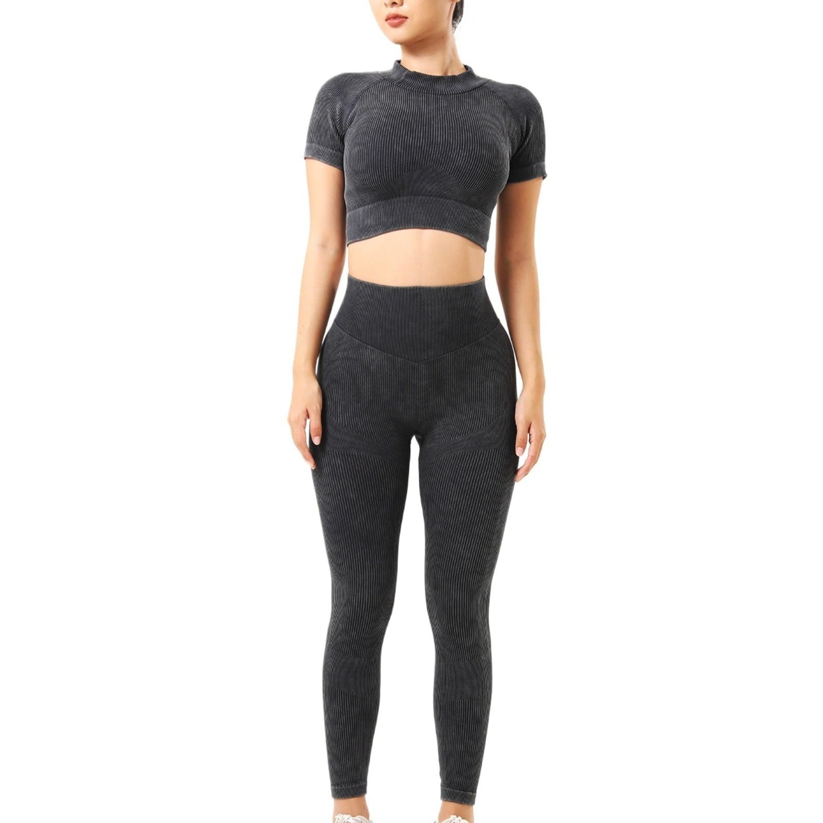KIRYU Conjunto de ropa deportiva acanalada sin costuras de 2 piezas para mujer, camiseta corta de manga corta y leggings de cintura alta, gimnasio, yoga, entrenamiento