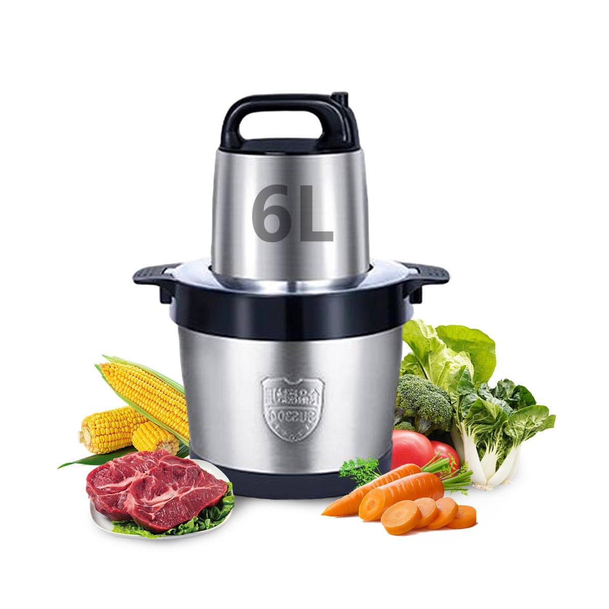 OAKTREE BAY 6L/12L Large Electric Meat Grinder, 2000W Food Processor with Stainless Steel Bowl, Sharp Blades, 2 Speed Settings for Meat, Vegetables and Fruits, Food Chopper for Home Kitchen (6L)