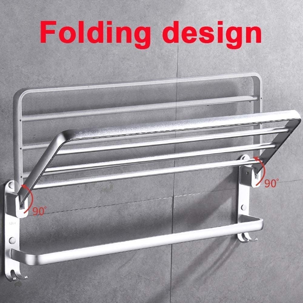 Rack Toallas Toallero Montado En La Pared Espacio De Aluminio Estante Doble Plegable con 2 Ganchos Accesorios De Baño