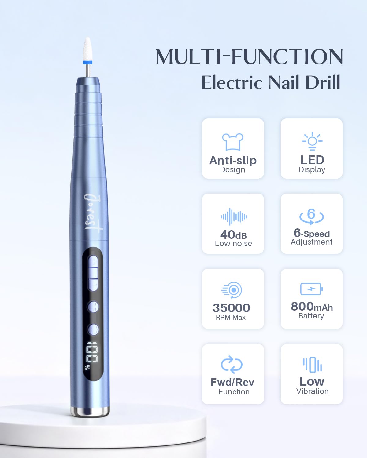 JOREST Torno para Uñas Profesional, 13 en 1 Lima Electrica Uñas, 35000RPM, 6 Velocidades Ajustables, Set Manicura, Pedicura Para Pies, Pulidor, Broca Unhas Gel, Quita Cuticulas, Manicurist, Blue