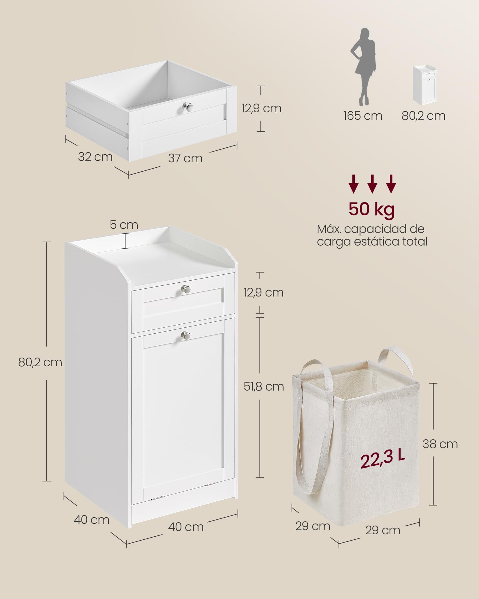 VASAGLE Armario de Baño con Cesto Ropa Sucia, Mueble de Baño con 1 Cajón y 1 Cesta de Ropa Sucia, Bolsa Interior Extraíble con Asas, 40 x 40 x 80,2 cm, Blanco Nube BBC741W01