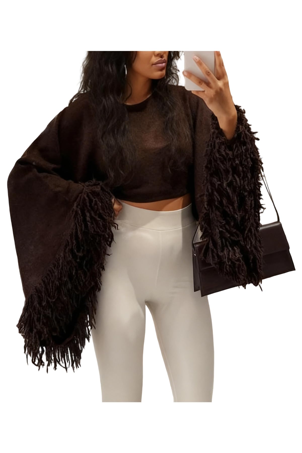 LETSVDO Womens Fall Crop Pullover Top Crewneck Loose Fringe Long Sleeve Knit Sweatshirt Y2k Cute Short Tassels Sweaters
