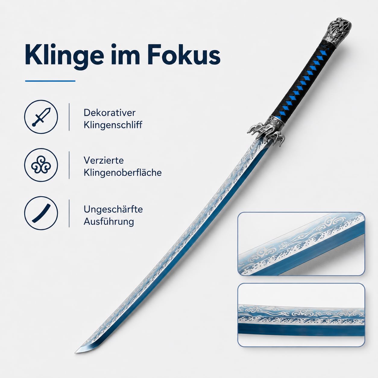 Katana Samurai Schwert - Japanisches Dekorationsschwert mit Blauer Klinge & Gravuren - Ungeschliffene Edelstahlklinge - ABS-Scheide - Perfekt für Sammler & Anime Deko