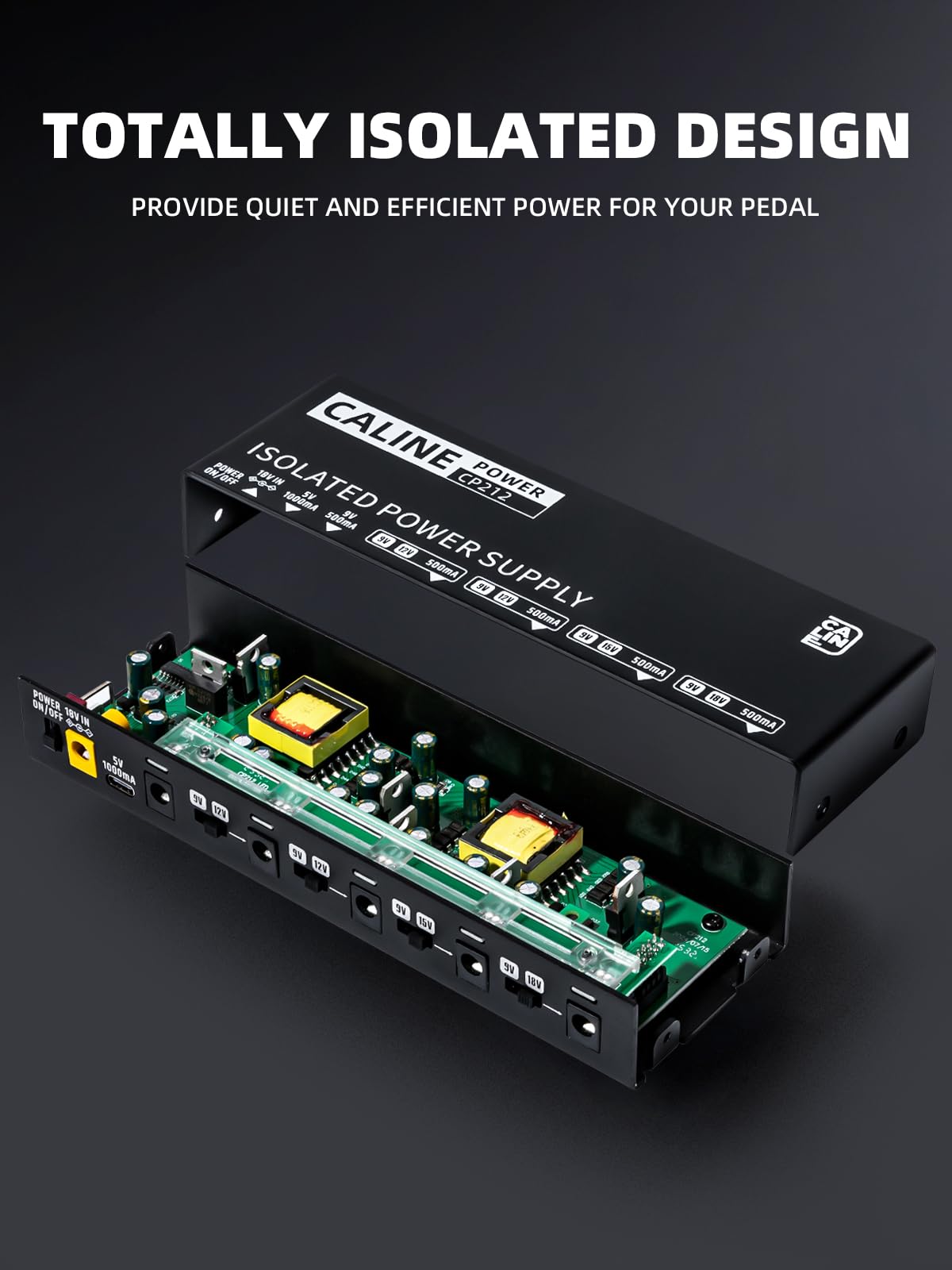 Caline True Isolated Pedal Power Supply CP-212, commutabile 9 V/12 V/15 V/18 V per chitarra a pedale, mini alimentazione a pedale da 500 mA con uscita di tipo C e catena a margherita a 4 vie