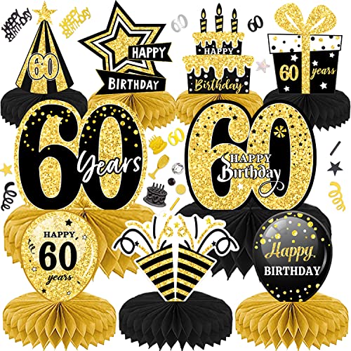 LWAIX Centrotavola Compleanno Set 10pz 60 Anni Centrotavola a Nido d'Ape Decorazioni Oro NeroToppers da Tavolo per Uomini e Donne(60 Anni)