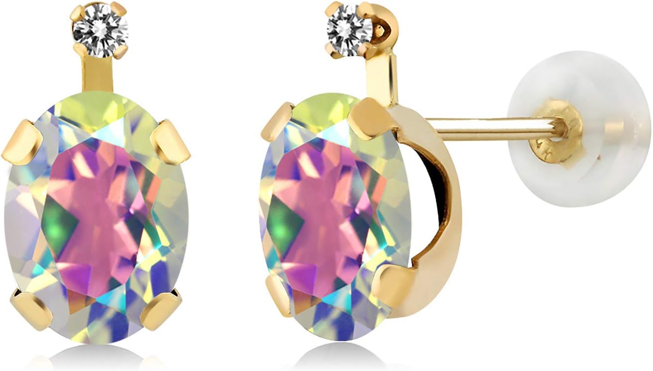 Gem Stone King 14K Yellow Gold Mercury Mist Mystic Topaz and White Diamond Earrings For Women (1.91 Cttw, Gemstone Birthstone, Oval 7X5MM)