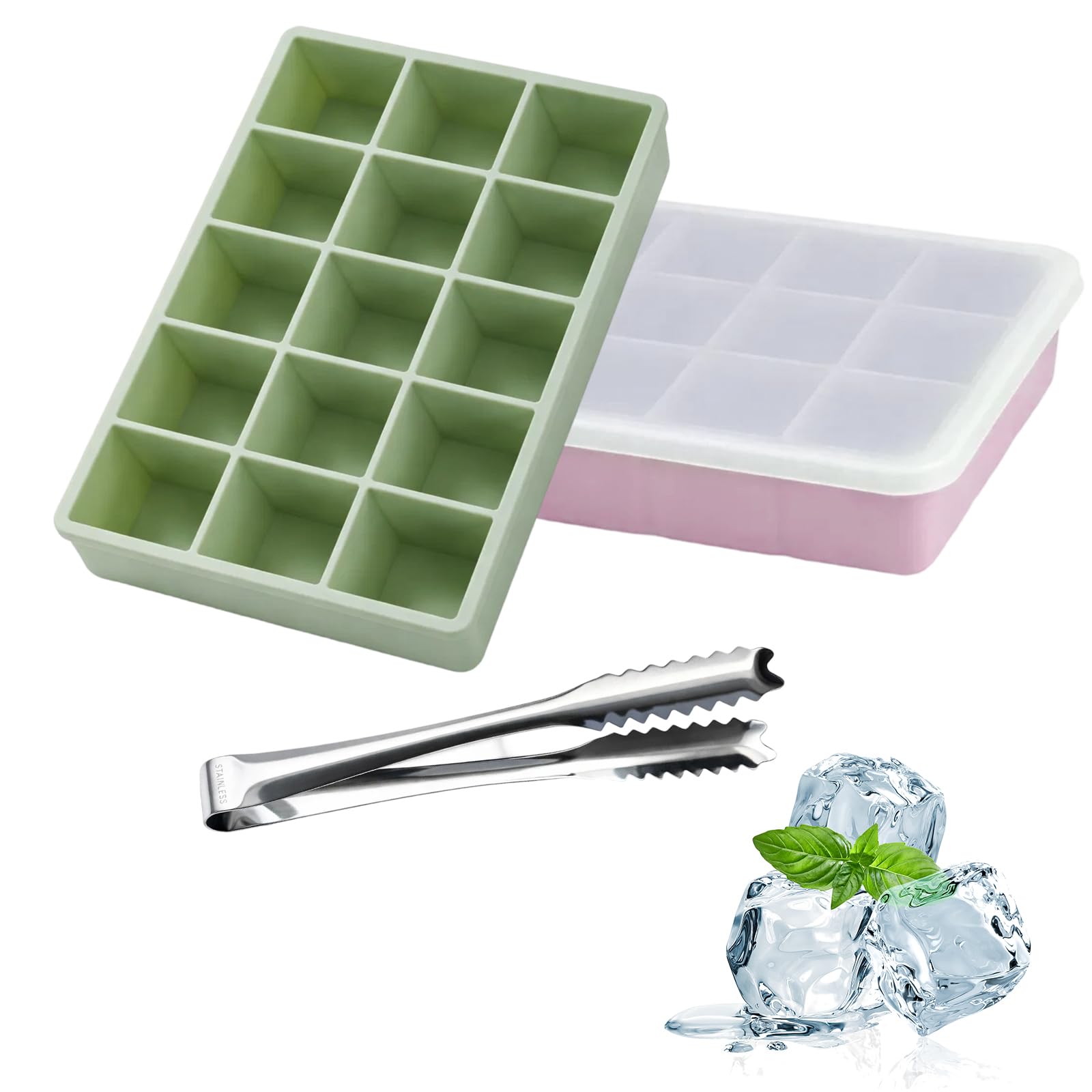 QyueQyat Silicone Ice Cube Tray with Lid, 2-Piece 15-Cavity Moulds Set with Tongs, Reusable Freezer Trays for Cocktails and Beverages, Dimensions, 17.3 X 12 3 Cm