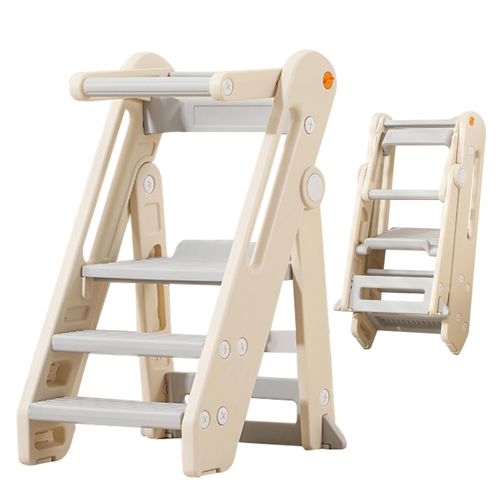 Torre de Aprendizaje para Niños, Taburete Infantil Plegable de Altura Ajustable con Barandilla y Asas, Escalera de Cocina y Baño Antideslizante para Niños – Beige, 52×54×83 cm