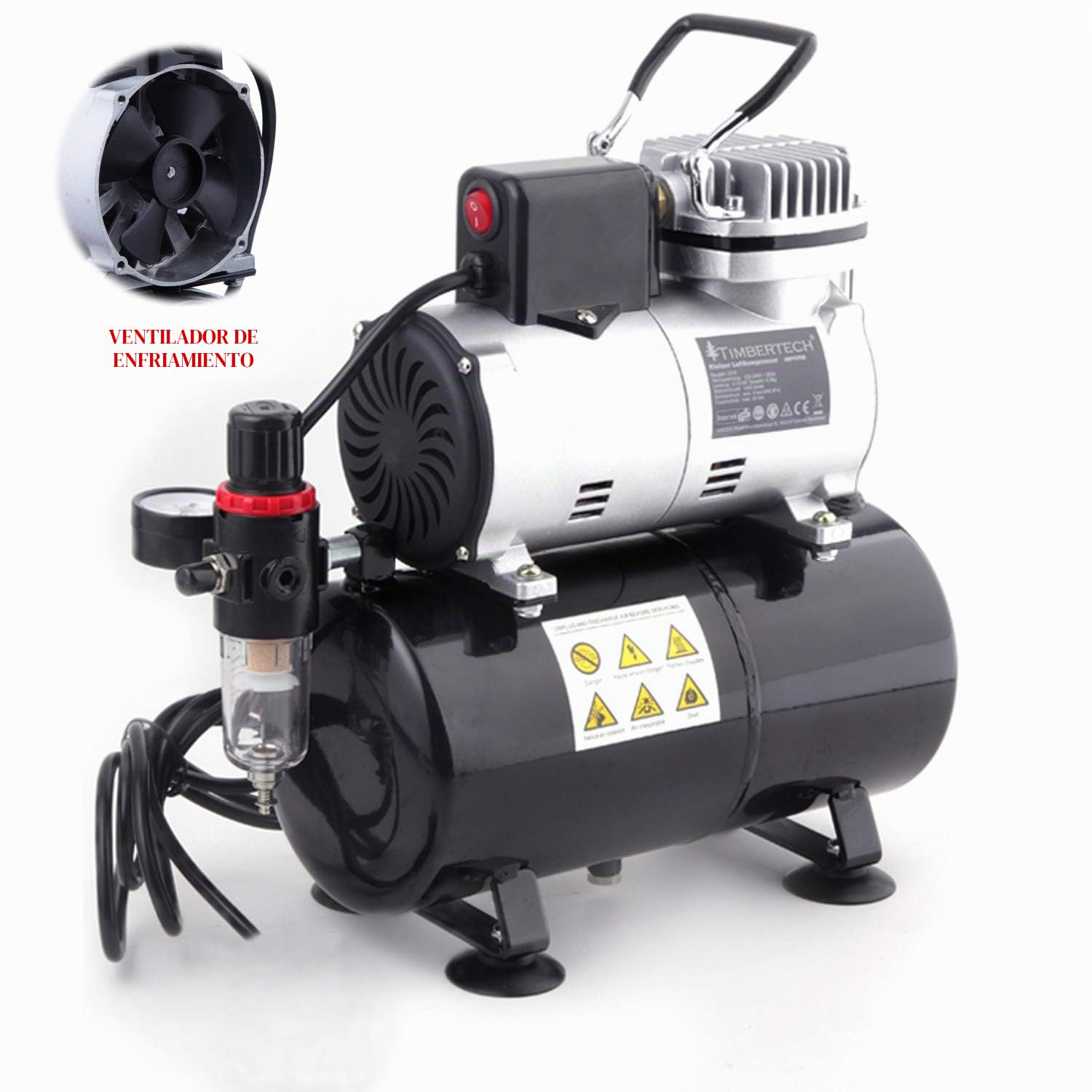 Compresor de aerógrafo tranquilo sin aceite de pistón de Timbertech Professional con ventilador de enfriamiento ABPST08 para hobby, tatuaje, uñas, etc.