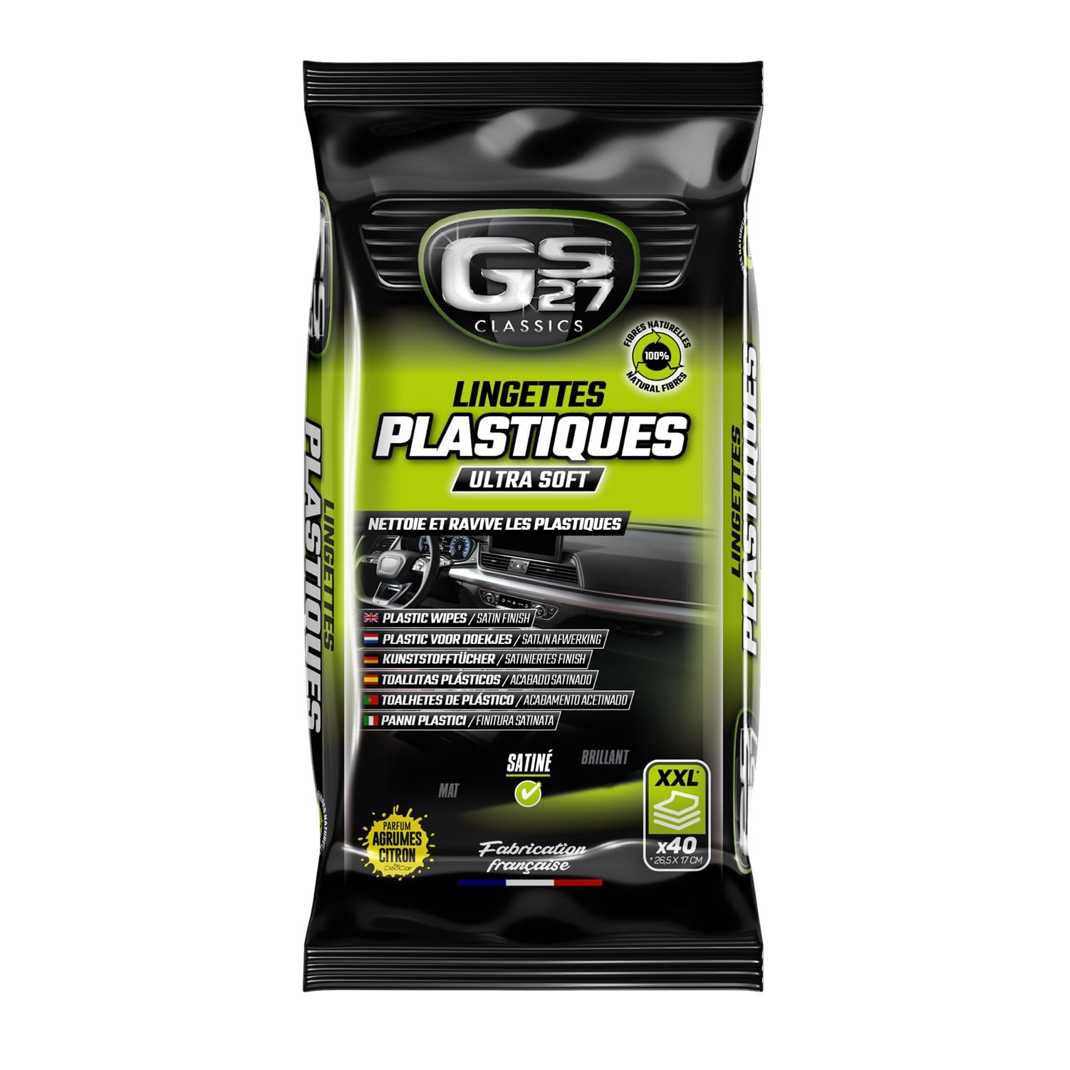 GS27 - Plastikowe chusteczki samochodowe - satynowe wykończenie - 100% naturalna wiskoza - zapach cytrusowy - 40 chusteczek samochodowych XXL