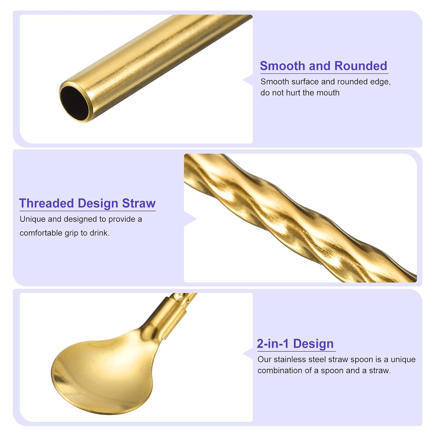 Homeish Reusable Stainless Steel 2-in-1 Straw Cum Spoons Set of 6 with Cleaning Brush | Long Metal Straw Spoons for Ice Tea, Milkshake, Drinks, Cocktails, Eco-Friendly, Food Grade (Golden) 2