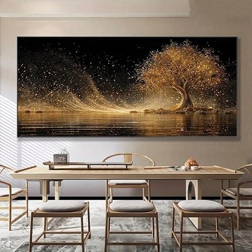SDVIB Modern Abstract Tree of Life Canvas, Luxury Golden Luminous, Black and Gold Glitter Texture, Plane, Home Decor(50x100cm/ Frameless)