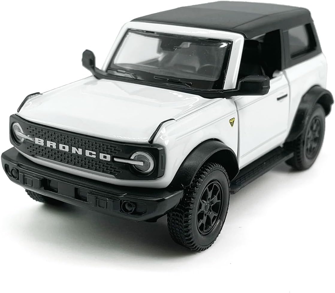 2-Door Bronco Badlands Model Car 1/36 Scale Diecast Toy Cars Metal Alloy Children’s Vehicles, Pull Back Doors Open, Black Rim, Mens Collection, Kids Toys for Boys Gifts, Cake Topper Home Décor, White