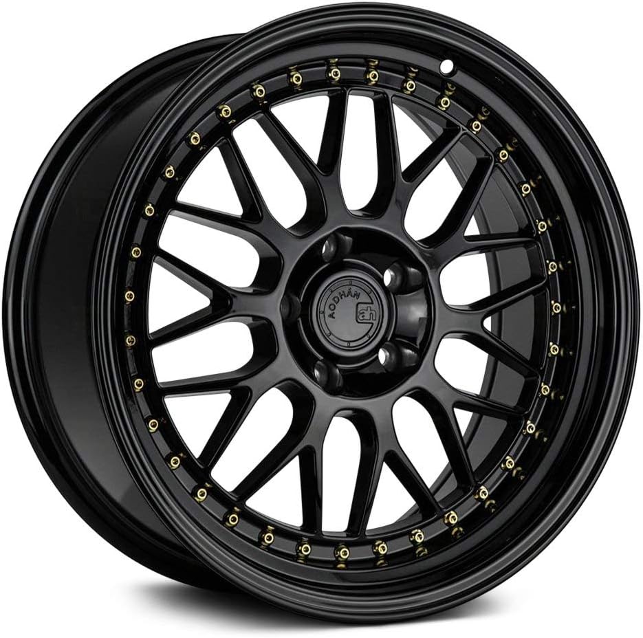 Aodhan AH02 Custom Wheel - 19x9.5, 22 Offset, 5x114.3 Bolt Pattern, 73.1mm Hub - Gloss Black with Gold Rivets Rim