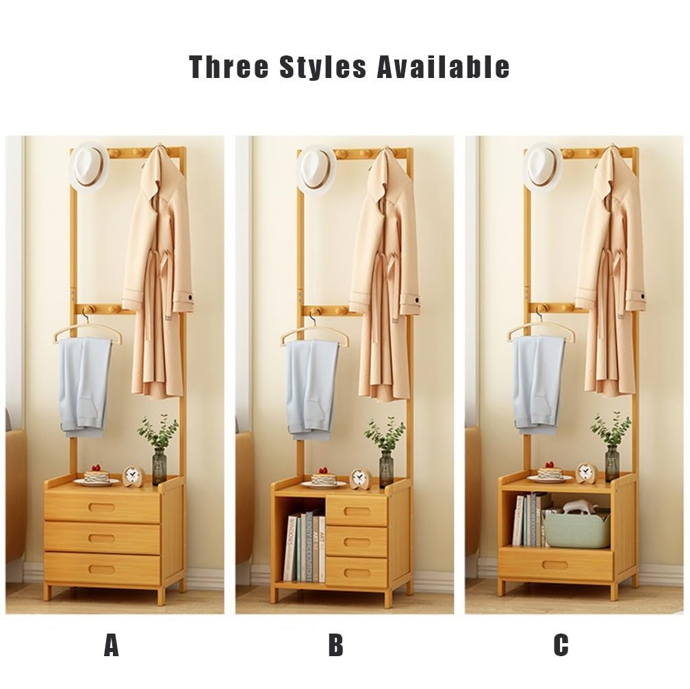 Appendiabiti in bambù con Comodino 2 in 1 Supporto Multifunzionale con cassetti, Ripiani, Porta Pantaloni e Ganci Ideale per l'organizzazione della Camera da Letto
