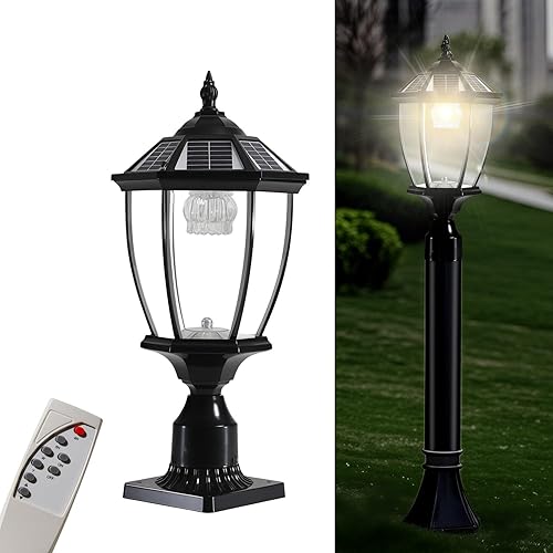 Miniatura 1 de Tesony Lámpara solar, luz solar de poste con control remoto, 6000K 120 lúmenes, luces de poste para exteriores con base de montaje en muelle, luces