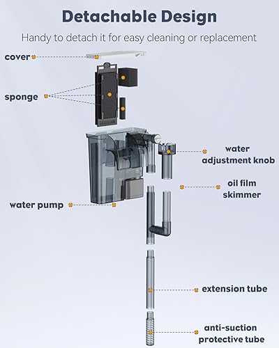 Miniatura 3 de Pawfly Filtro de acuario ultra silencioso para tanque de peces para acuarios de hasta 10 galones, filtro de alimentación colgante con bomba de agua