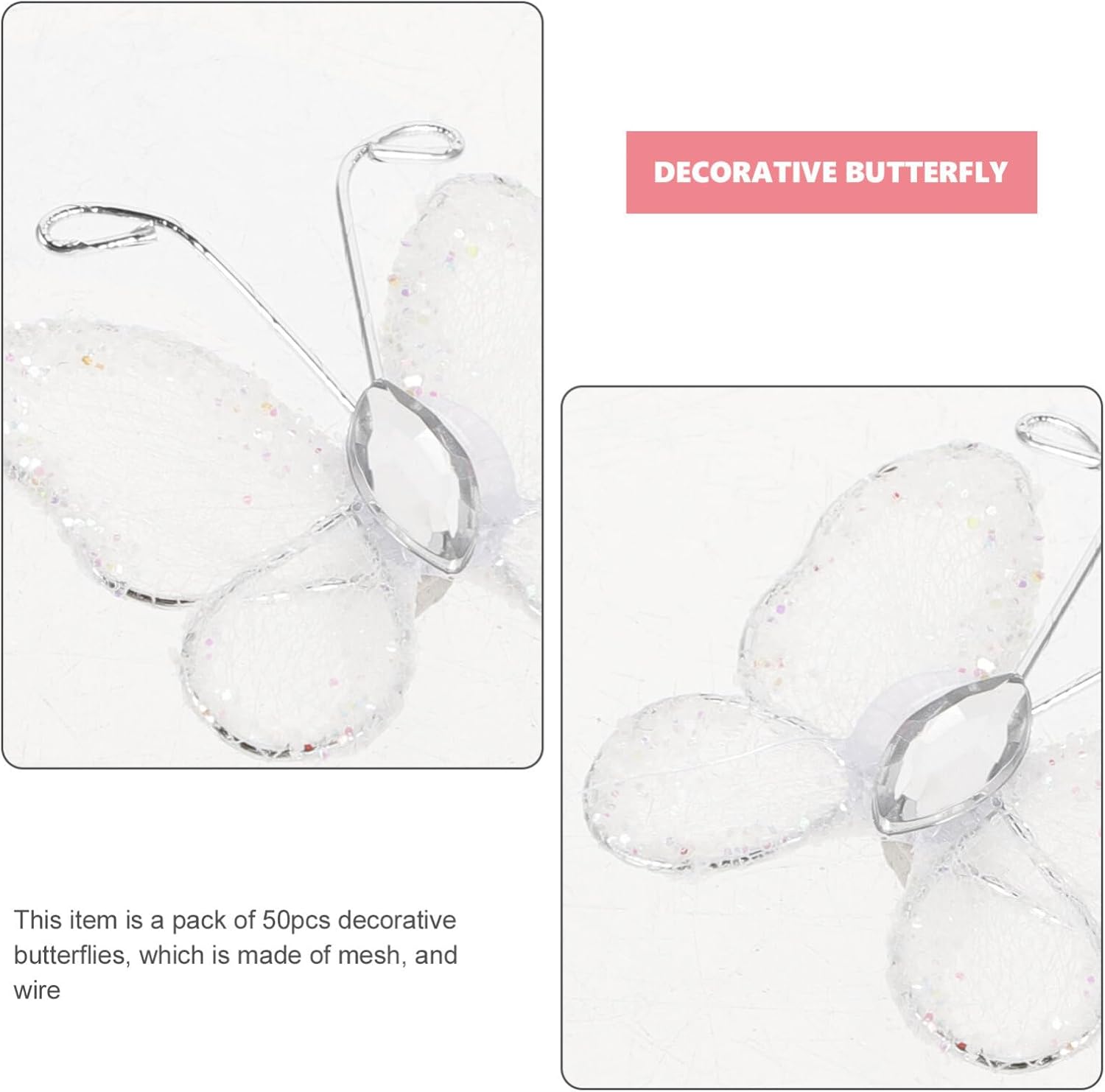 50Pcs Sheer Mesh Glitter Butterflies Mesh Wire Glitter Butterfly with Gem DIY Craft for Home Wedding Party Wall Decorations (White)