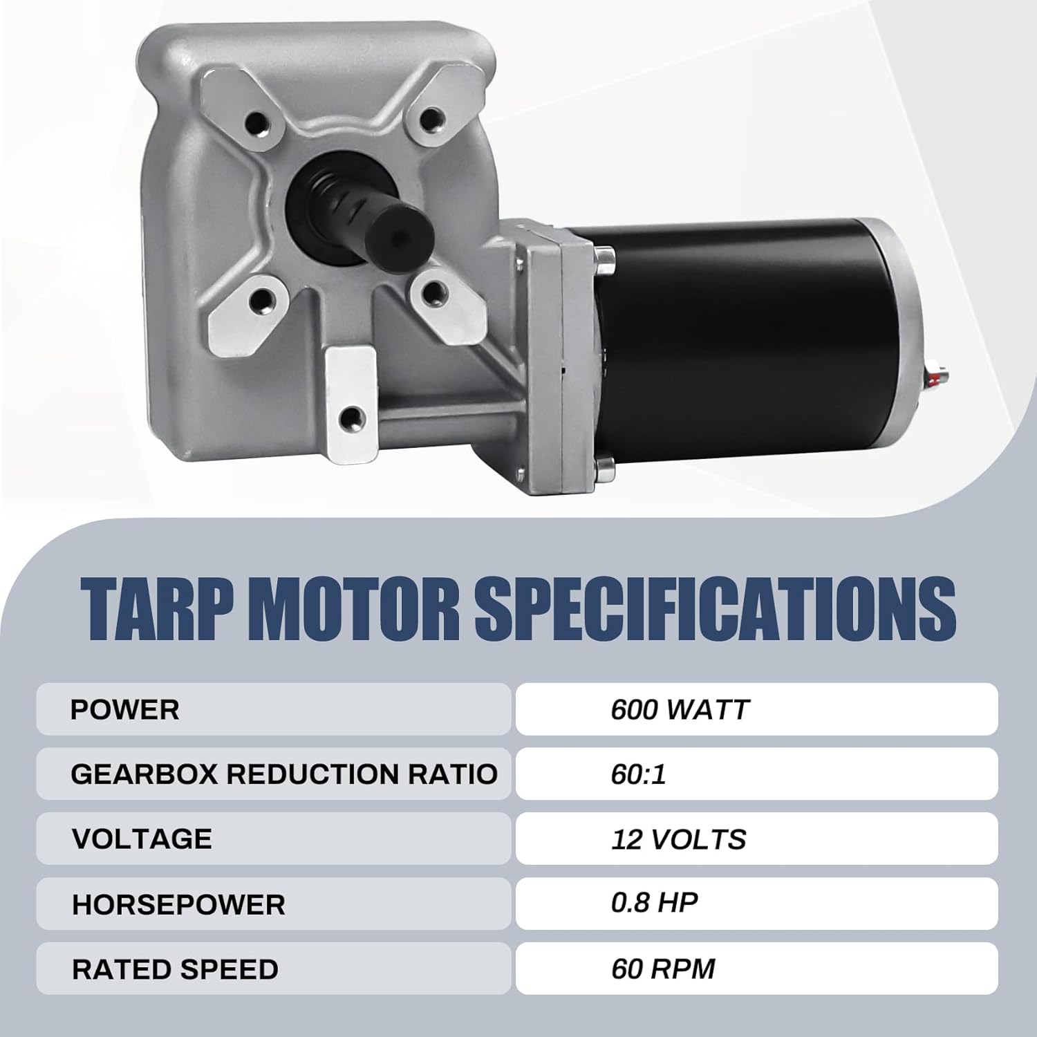 600W 60:1 0.8HP Electric Tarp Motor for Dump Trucks up to 28' Length, Universal Tipper Truck Canopy Motor for Dump Truck Tarp System with Chrome Housing Cover- 12V DC, 60RPM(+/-6RPM)- 5 Years Warranty