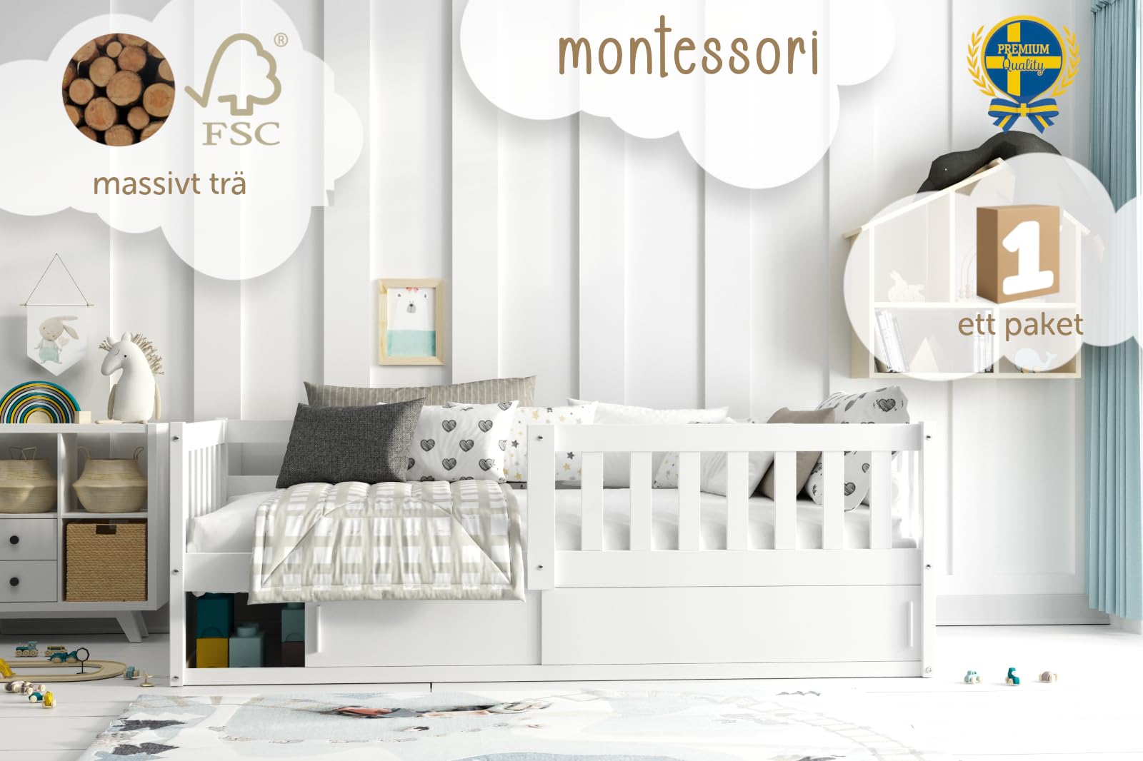 Interbeds Kinderbett 80x160 cm aus Holz in Weiß mit Rausfallschutz – Montessori Bodenbett mit Schutzbarriere und Stauraum, Kinderbett für Jungen und Mädchen, Naturholz Smart (weiß)