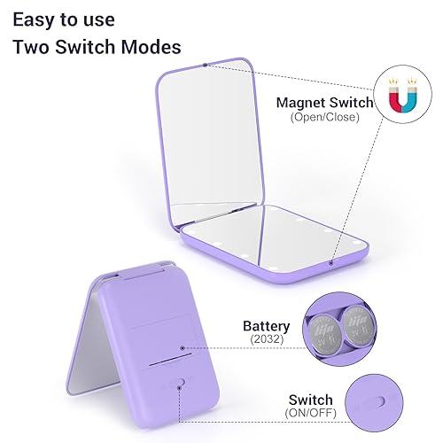 Miniatura 68 de Kintion - Espejo de bolsillo, 1X/3X de aumento, con LED, espejo de maquillaje compacto para viaje con luz, pequeño espejo iluminado de 2 lados, Cian