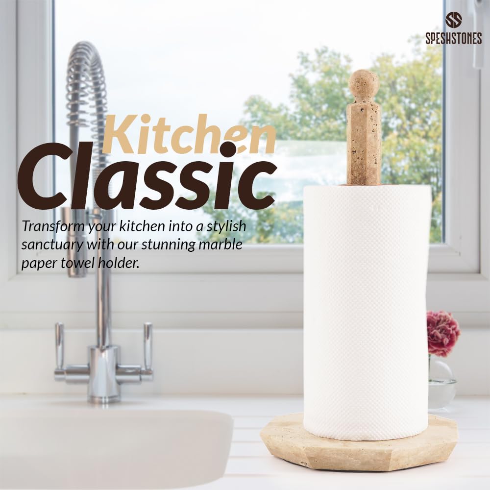 SPESHSTONES Soporte para Toallas de Papel de mármol travertino de 12.5 Pulgadas para Toallas de Cocina, Soporte para Rollo de Papel Hecho a Mano con Soporte