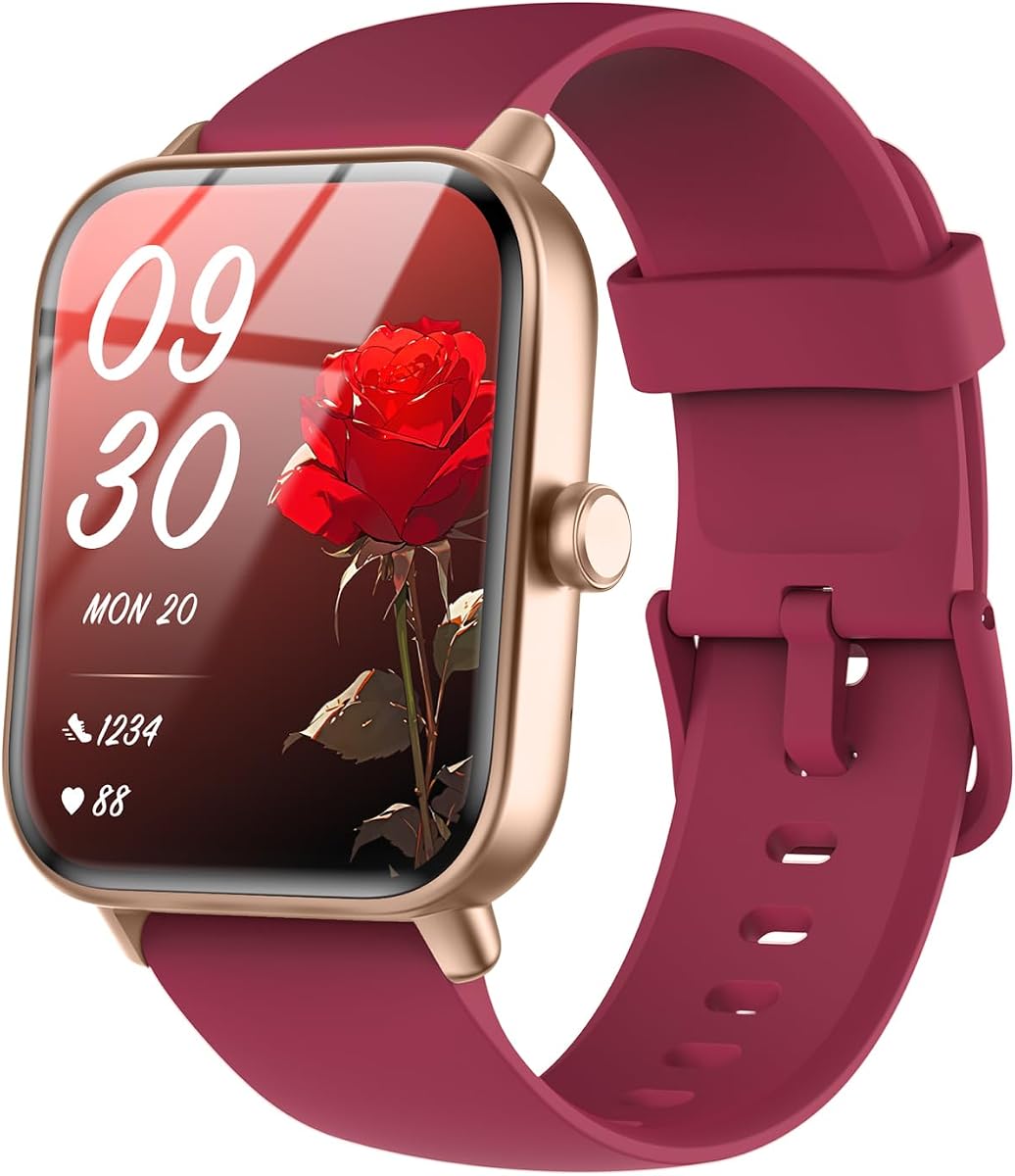 Quican Smart Watches for Women, 1.8" Smart Watch for Android Phones/iPhones | 1.8" Fitness Tracker Watch, Waterproof, Calling, Heart Rate/Sleep Monitor, Alexa, Gifts for Women, Silicone Band, Red