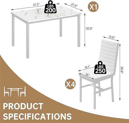 Miniatura 5 de Hooseng Juego de mesa de comedor de 5 piezas para 4, mesa de cocina de mármol sintético con sillas tapizadas, juego de mesa moderno para comedor,