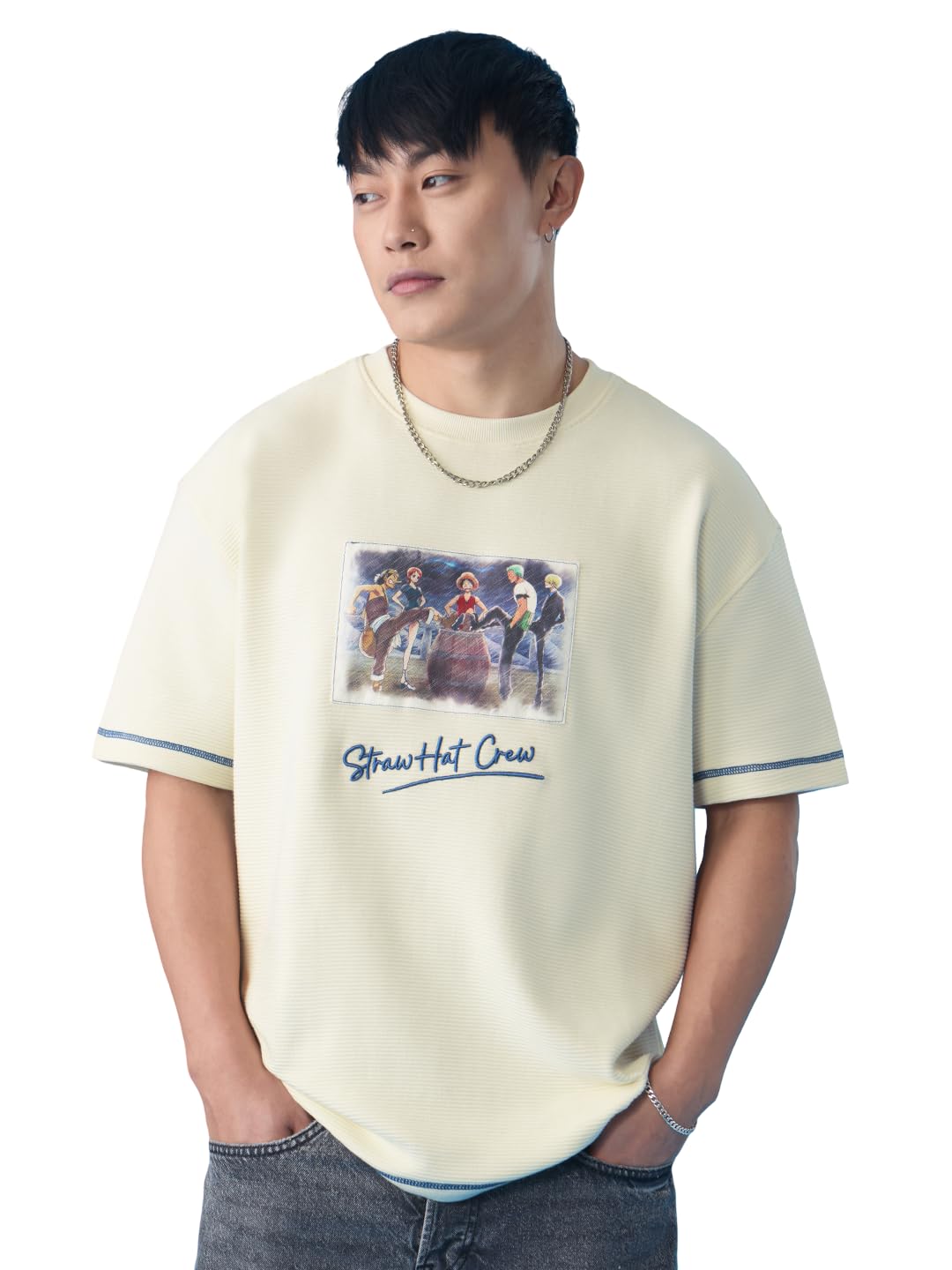 One Piece: Launch Ceremony Men and Boys Short Sleeves Round Neck Off White Applique Patch Casual Cotton Oversized T-Shirt-image-39