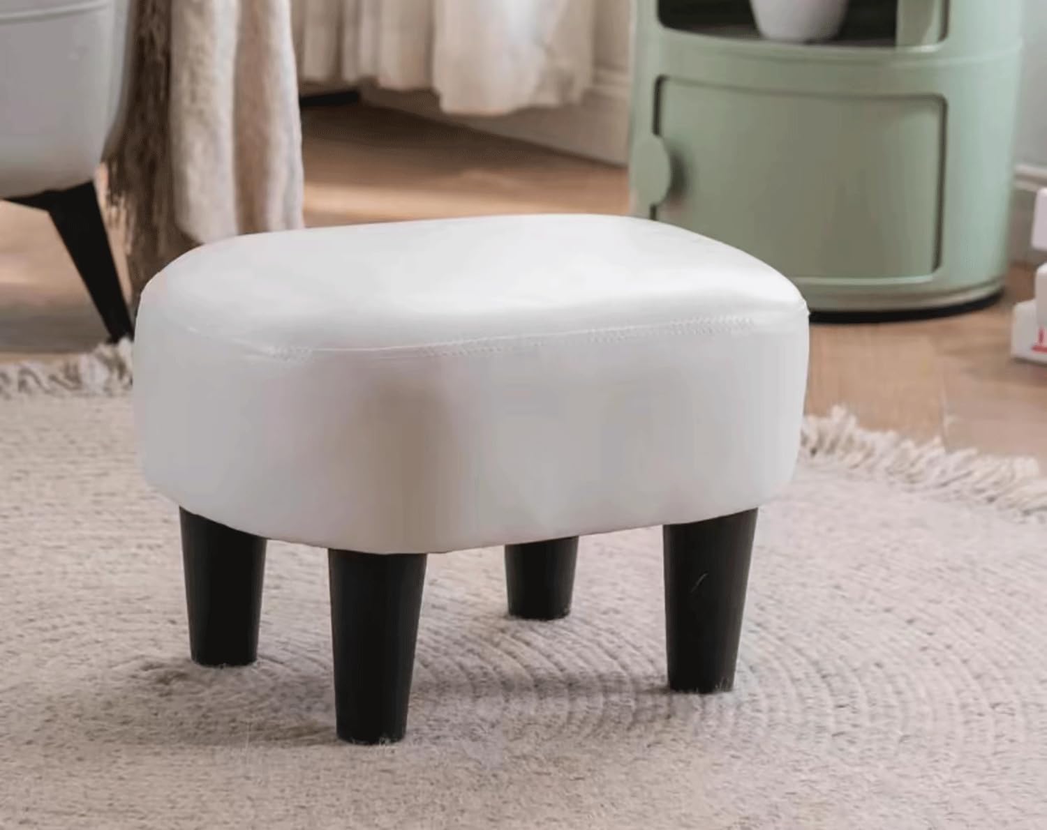 Poufs en cuir PU blanc petit tabouret repose-pieds de salon rectangulaire