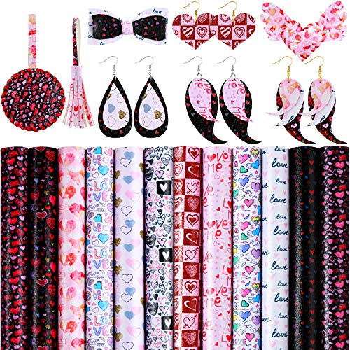 12 Packs Valentine's Day Faux Leather Sheets Decor with Heart Love Pattern Prints and Fabric Canvas Back for Valentine's Day DIY Crafts, 6.3 x 8.3 Inch