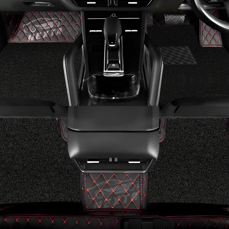 Image of NEXTA Premium Faux Leather 7D Car Floor Mats for Tata Hexa 7 Seater|| Luxury Leather with Grass Mat Complete Set || 100% Waterproof and Washable (Color Black & Red)