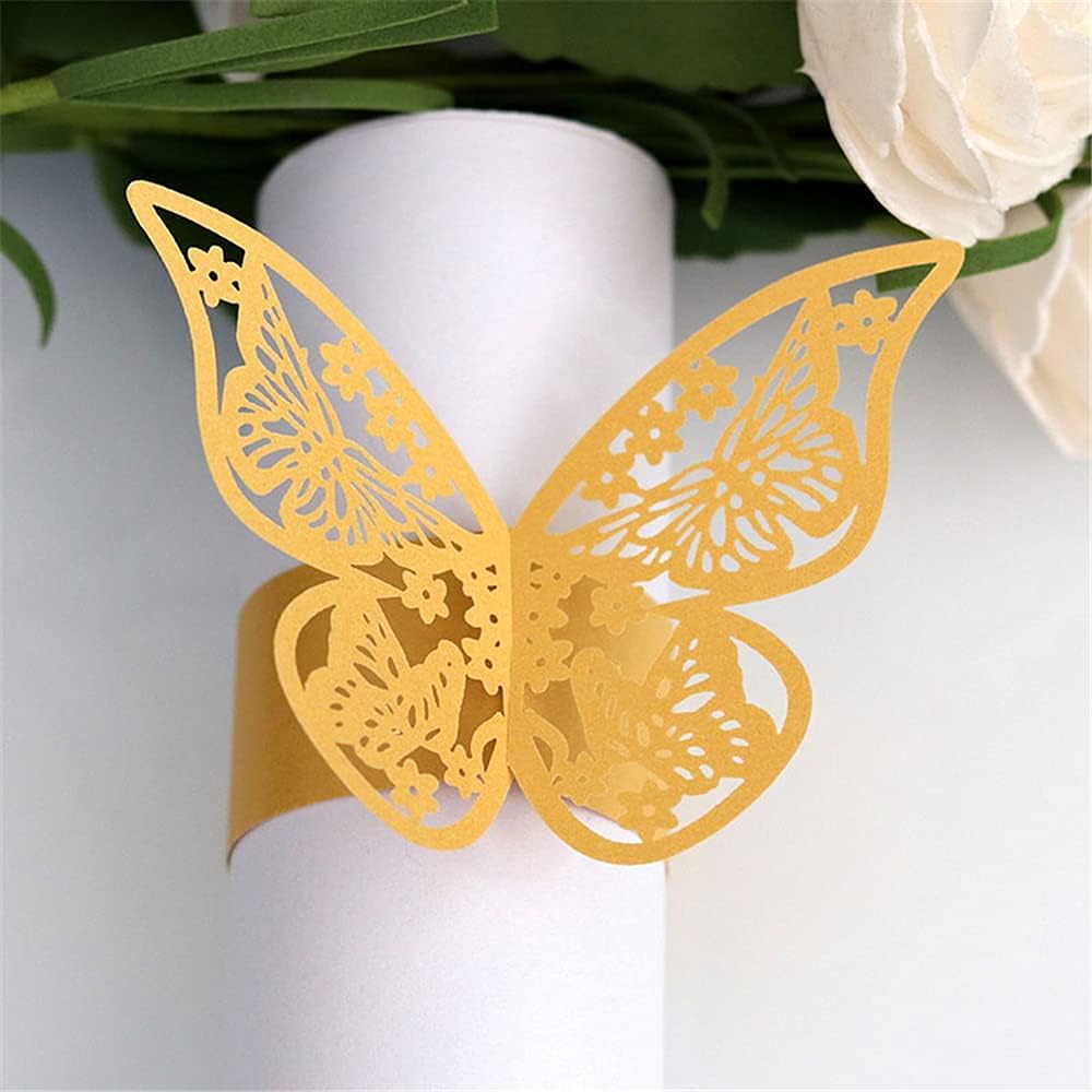 Lavandi 100pcs 3D New Butterfly Paper Napkin Rings Weddings Party Serviette Table Decoration Restaurant (Reflective Gold)