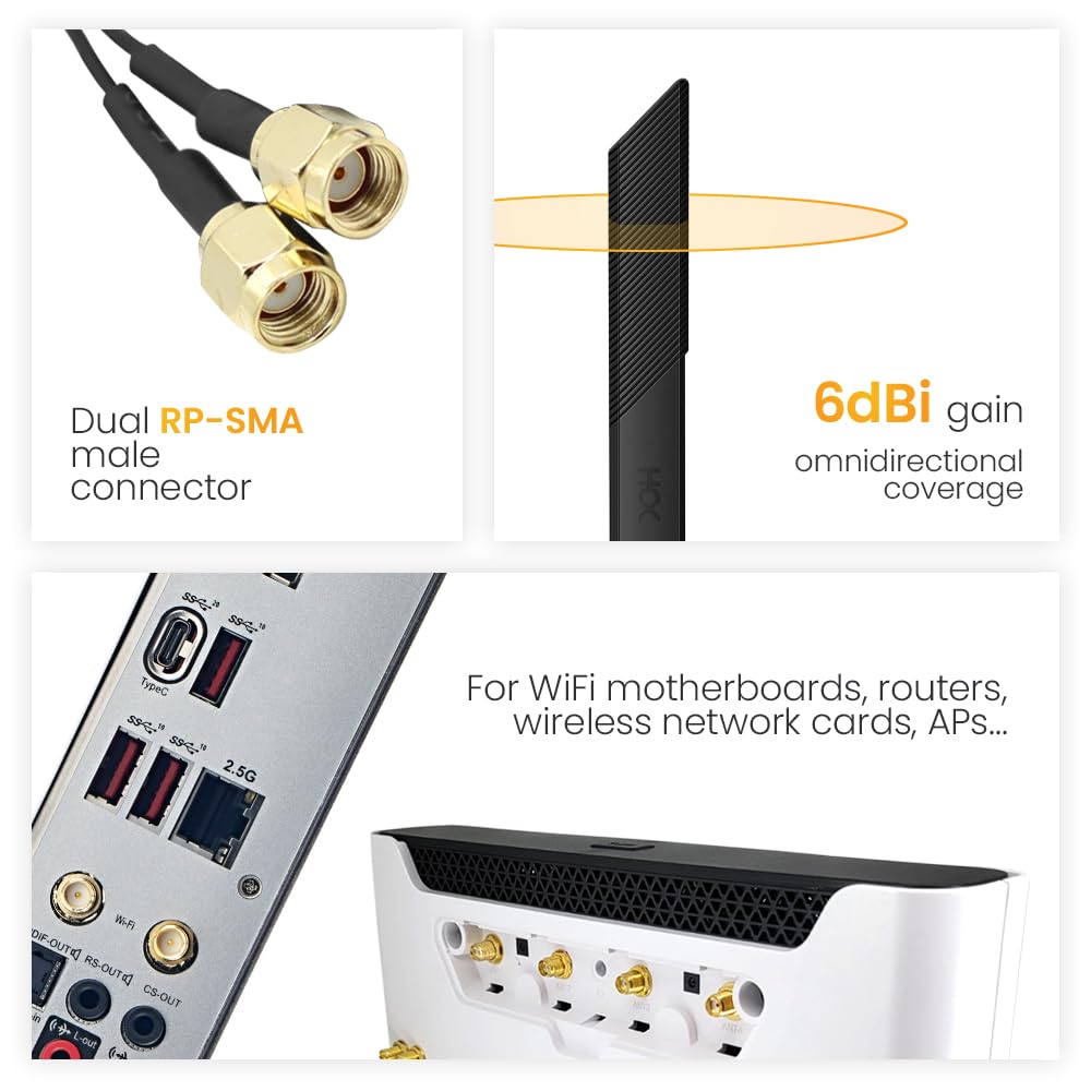 Antenne 6dBi RP-SMA Carte Wifi Antenne WiFi 6dBi 2x2 Externe RP-SMA Mâle Triple-Bande Routeur Wifi Antenne Magnétique 2.4G 5G 6GHz