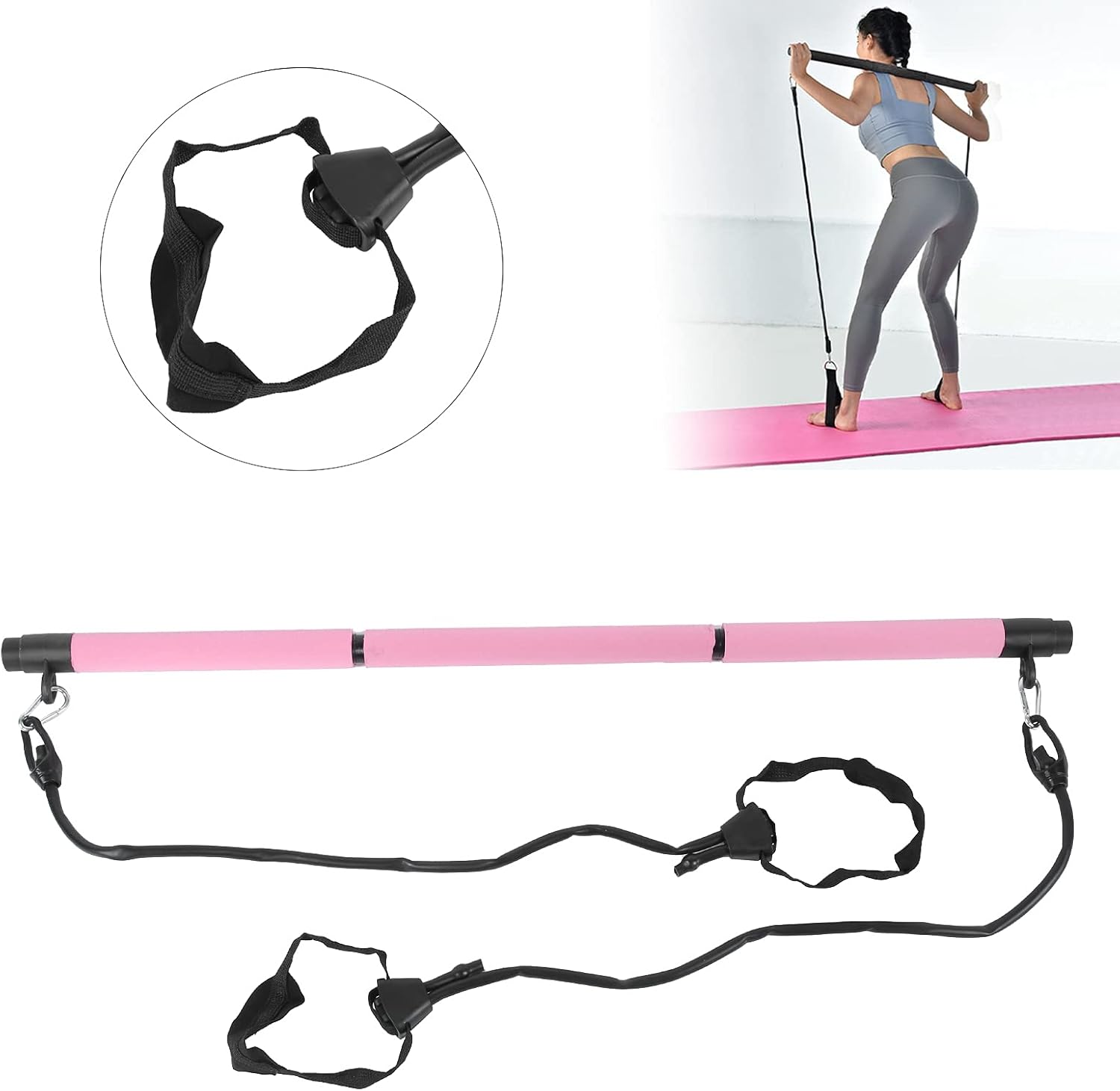 3 Sections Adjustable Pilates Bar, Portable Pilates Workout Stick Body Building Puller with Foam Grip, Detachable Resistance Rod for Home Gym Yoga Fitness