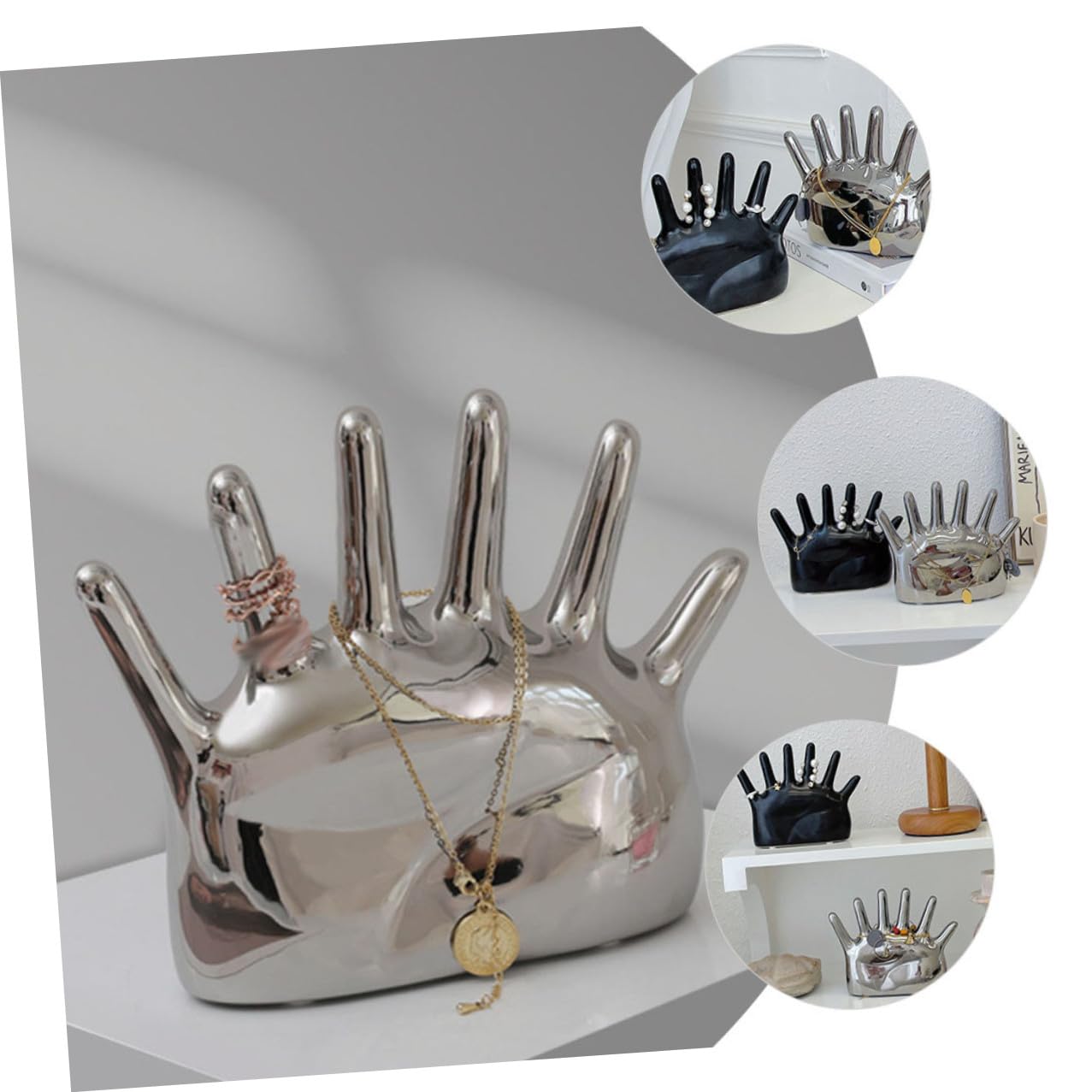 Levemolo Keramik Ringhalter Handform Schmuckständer mit Foto Requisit Funktion Kompakt Silberfarben Schmuck Organizer für Damen Mädchen Dekorativer Schmuckhalter für Kommode und