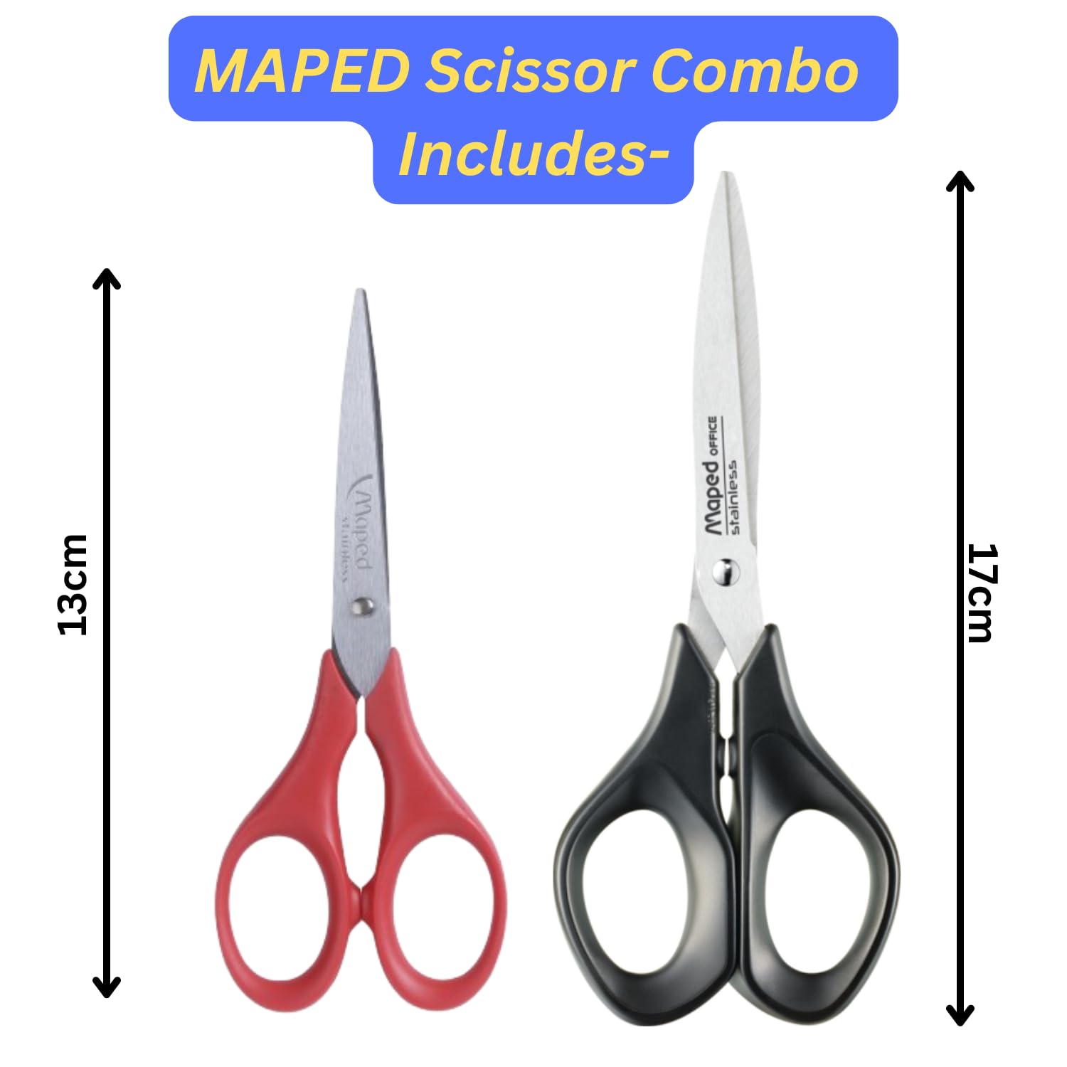 Maped Set di 2 forbici nere e rosse, 17 cm e 13 cm, ideali per uso domestico quotidiano, artigianato, lavoro in ufficio, comodi manici ergonomici