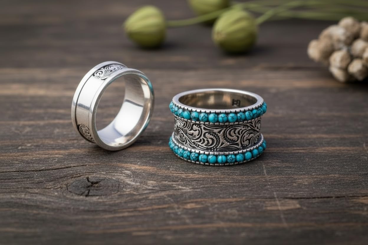 Turquoise round beads Flower Pattern Engraved Band Ring for Women Man S925 Sterling Silver Retro Vintage Hawaiian National Style Boho Ring Jewelry Unisex