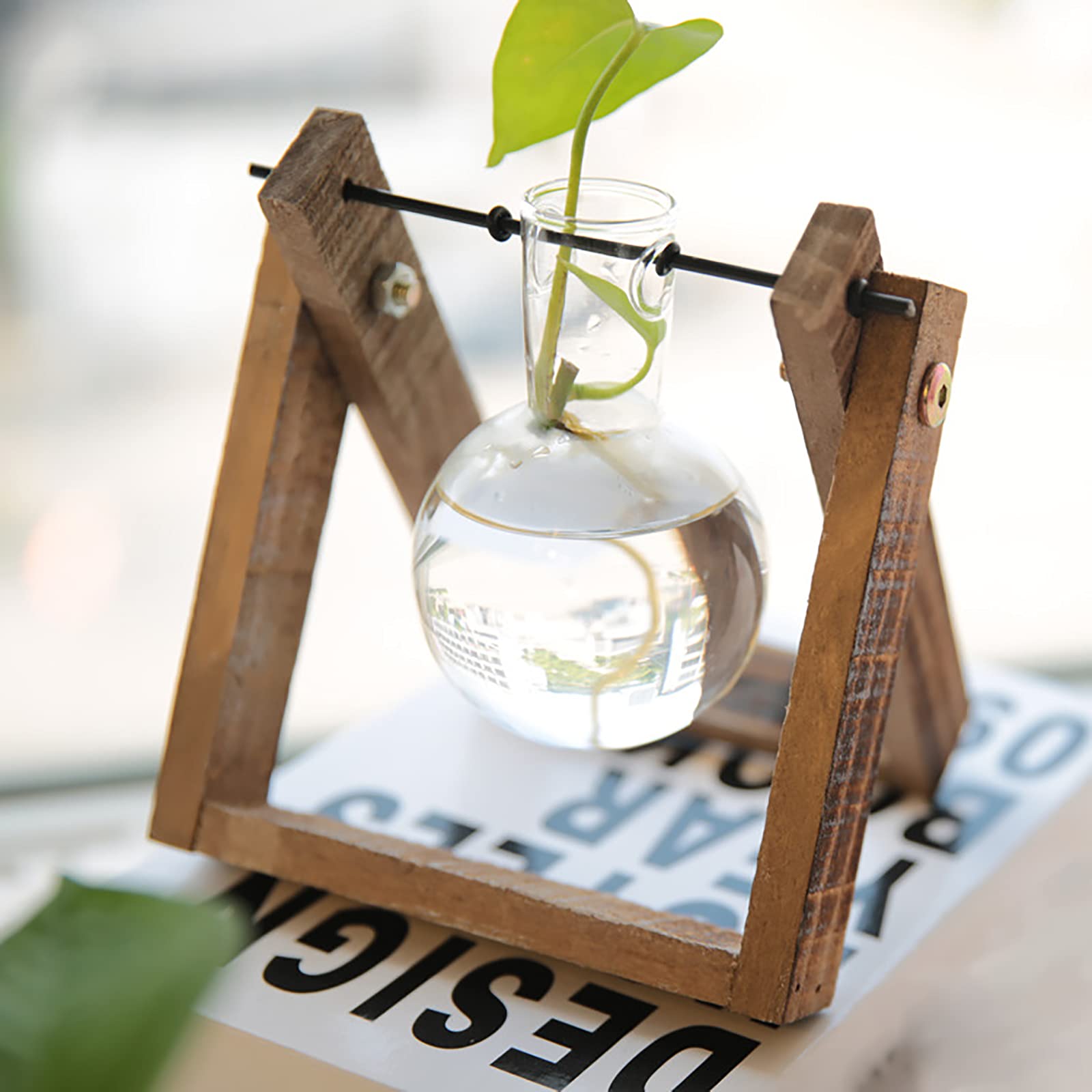 Helter - Vaso da tavolo in vetro, per piante idroponiche, con supporto in legno e supporto girevole in metallo, per casa, giardino, ufficio, matrimonio, decorazione