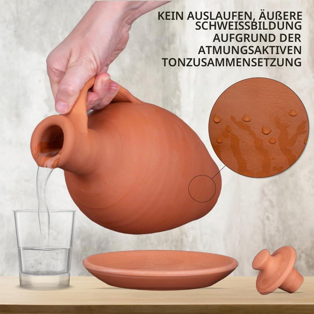 Hakan Anadolu Wasserkrug-Set aus natürlichem Ton | Unglasierte Terrakotta-Wasserkaraffe & Teller | Traditioneller kleiner Schlammkrug | Töpferkrug für Trinkwasser (Klein – 1,5 l)