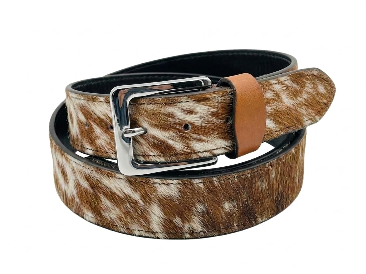 REAL COWHIDE HAIR-ON LEATHER BELTS - UNISEX GENUINE LEATHER BELT (26-46 Waist) (Tan & White, 34 Jean Waist)