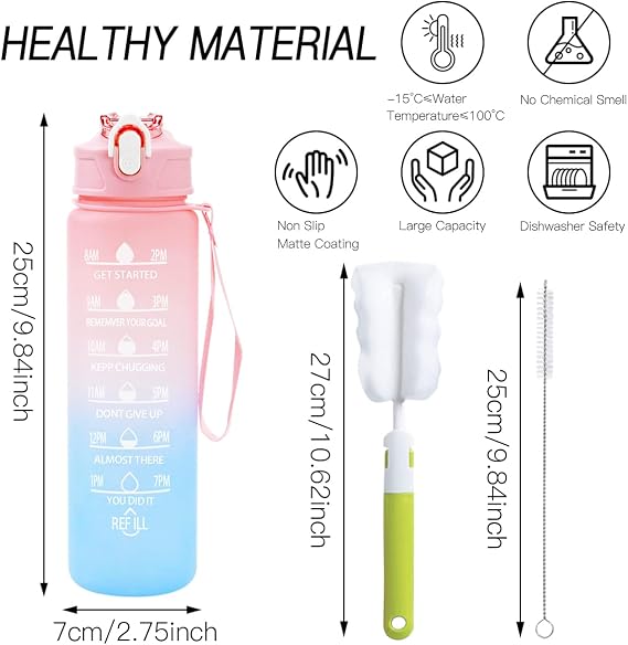 Sport Trinkflasche 750 ml mit Strohhalm Wasserflasche mit Zeitmarkierungen Auslaufsicher Sportflasche Kohlensäure Geeignet BPA Frei Trinkflaschen für Schule Fahrrad Fitness Wandern (Hellgrün)