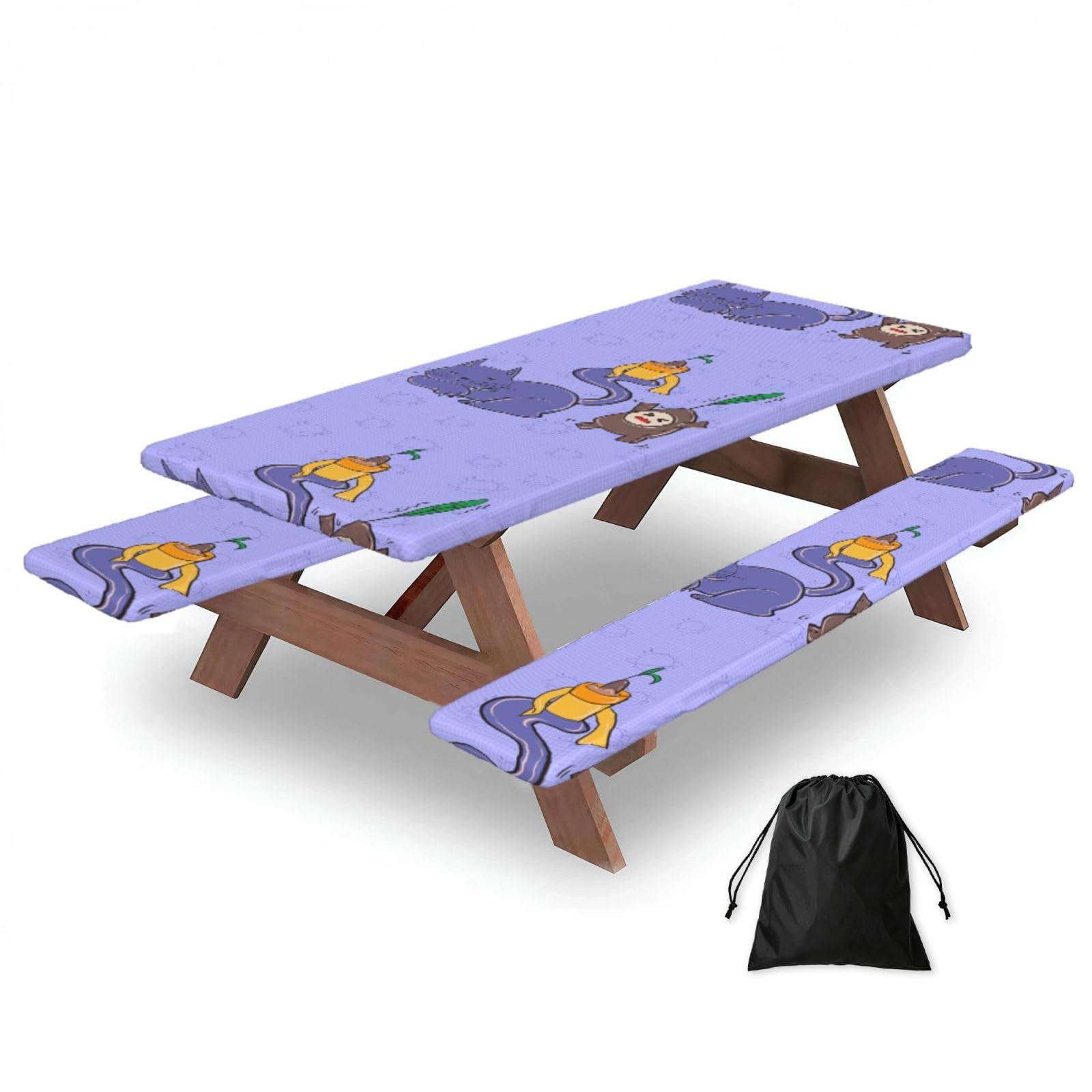 Hhbiuuo Black 72In Camping Table Cover & Bench Covers 3-Pack Set, Sunflower Seeds And Cats Print Tablecloths, For Rectangle Tables Picnic